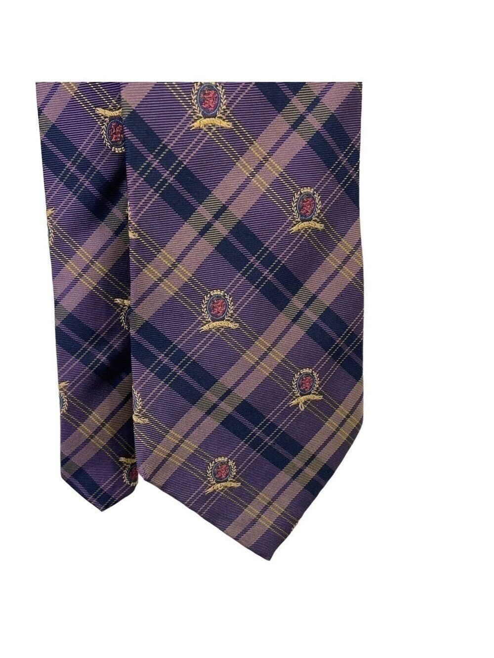 Tommy Hilfiger Silk Monogram Tie Purple Gold Plaid Academic Office Business